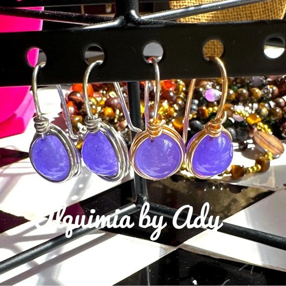 Purple jade spheres dangle drop earrings/colorful/boho - Picture 1 of 3